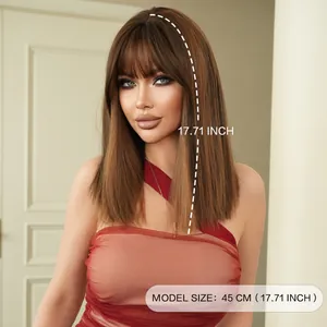 Shoulder-length straight dark brown wig with bangs 45cm 17.71 inch daily natural hair