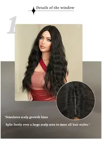 Detail of long wavy black wig showing natural simulated scalp and realistic hair growth lines