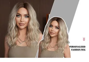 Detail showing wavy shoulder-length blonde ombre wig with natural root transition