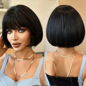 Short black bob wig with bangs and layered inner buckle shown from front and back view