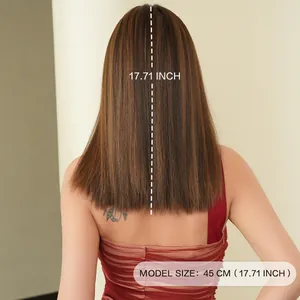 Shoulder-length straight synthetic wig with bangs in natural dark brown 45cm finish