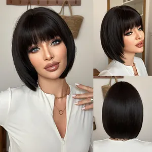 Women Short Straight Black Bob Wig With Bangs High Temperature Synthetic Fiber Heat Resistant Natural Daily Party Wig