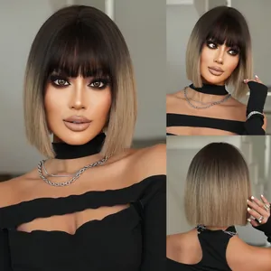 Perruque Bob Lisse Ombre Avec Frange Fibre Synthétique Résistante À La Chaleur Thé Blanc Brun Dégradé Pour Femme