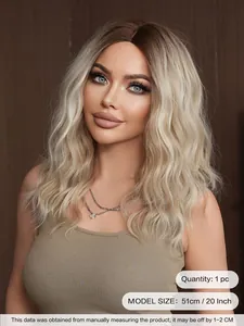 Detail of 20-inch water wave wig with light blonde ombre and natural brown roots