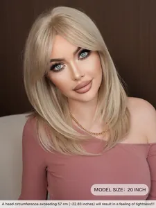 Detail showing 20-inch light ash blonde layered straight wig with bangs on model
