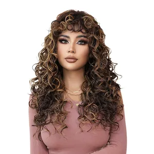 Long wavy honey blonde wig with bangs and high volume curls for a trendy ethnic look