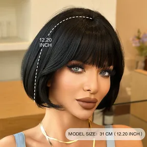 Short black Bob wig with bangs and inward curve, 12.2 inch length synthetic hair piece