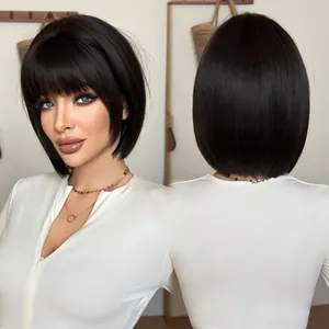 Short black bob wig with bangs showing natural hair texture and full 360-degree views