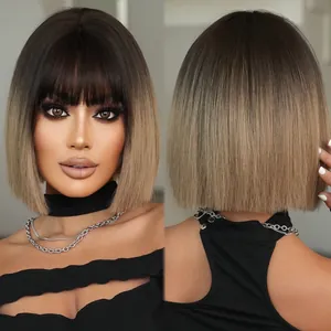 Perruque courte bob dégradé blond avec frange, cheveux raides pour femmes, vue de face et dos