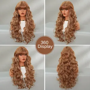 360-degree display of long wavy Lolita wig in pink gold with thick fringe and soft curls