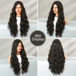 360-degree view of long wavy black synthetic wig with center part on a mannequin
