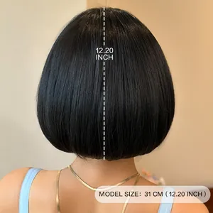 Classic black layered bob wig with natural bangs 31cm length shown from the back view