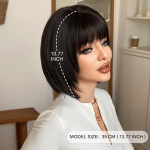 Classic black short Bobo wig with bangs 35cm length hair extensions for women