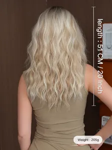 Back view of 20 inch wavy blonde wig showing 51cm length and soft curls texture