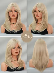 360-degree view of a platinum blonde shoulder-length straight wig with layered bangs