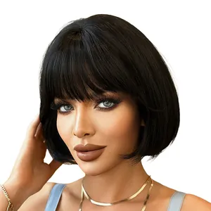 Classic black short Bob wig with neat bangs and natural inner buckle styling for women