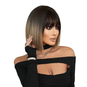 Perruque courte bob ombre pour femmes avec frange, cheveux raides naturels et soyeux