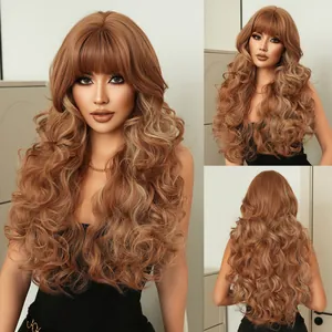 Lolita Pink Golden Long Curly Synthetic Hair Wig For Women Heat Resistant Big Wave Cosplay Sweet Hairpiece With Bangs