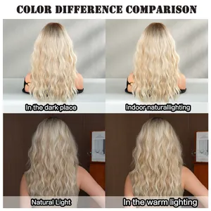 Detail showing the light blonde ombre wig color variations in different lighting environments