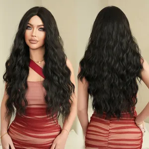 Natural black long wavy synthetic hair wig for women with center part and voluminous curls