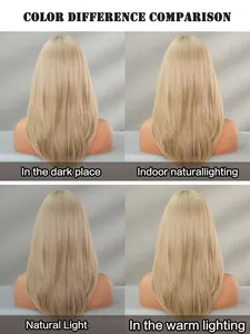 Detailed color comparison of light golden blonde straight wig under four lighting conditions