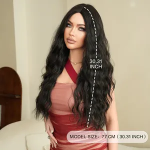 Long wavy black wig for women 30.31 inch middle part synthetic hair full head cover