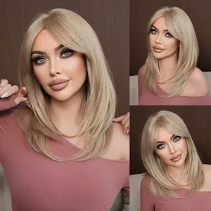 Women Layered Light Gray Blonde Straight Synthetic Fiber Wig With Curtain Bangs Heat Resistant Fashion Daily Hair