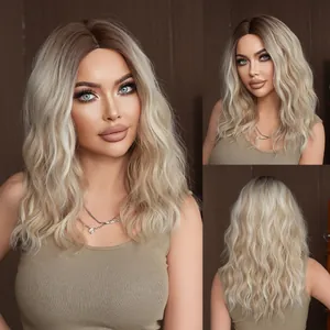 Women Ombre Blonde Water Wave Long Curly Synthetic Middle Part Heat Resistant Fiber Full Head Wig For Daily Party Hair
