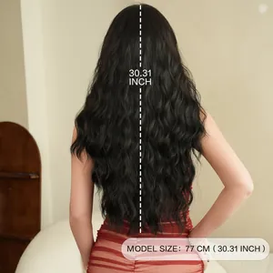 30-inch long wavy black synthetic hair wig for women showing realistic texture and back view