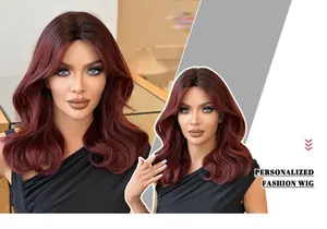 Detail view of wine red shoulder-length wavy wig with middle part and natural layers