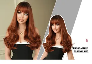 Detailed close-up showing the fluffy wavy texture of long copper brown hair wig with bangs