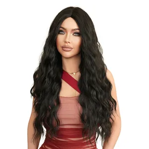 Long black wavy synthetic wig with center part and natural curls for women 26 inches