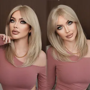 Layered light blonde mid-length wig with curtain bangs and natural inward curved ends
