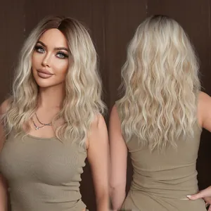 Shoulder-length ombre blonde water wave wig with dark roots shown from front and back views