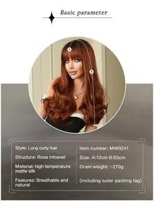 Detail of copper brown wavy wig showing breathable rose net and matte silk material