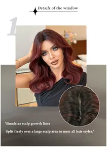 Detailed view of the simulated scalp and wine red wavy shoulder-length wig part