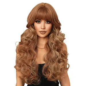 Long wavy Lolita wig in caramel brown with blonde highlights and airy bangs