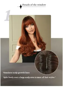 Detail view of long wavy reddish brown wig with bangs showing simulated scalp scalp growth lines