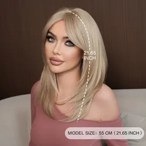21.65 inch layered ash blonde straight wig with side bangs and natural glossy finish