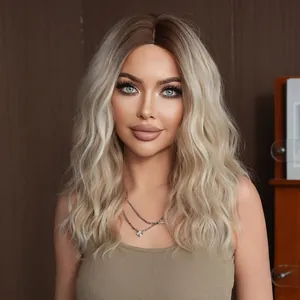 Ombre blonde wavy wig with middle part and dark roots, shoulder length curly style