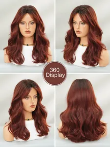 360-degree display of long wavy burgundy wig with bangs from four different angles