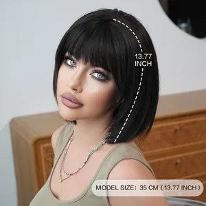 Parrucca bob corta nera con frangia 35cm capelli sintetici naturali per donna moda