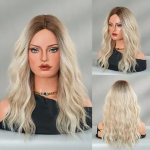 Middle part long wavy ombre blonde wig for women with natural brown roots and loose curls