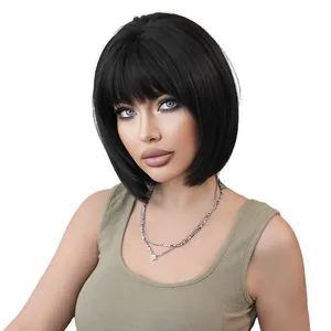 Parrucca Bob corta nera con frangetta da donna, capelli sintetici lisci effetto naturale