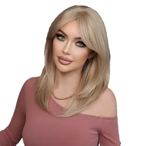 Layered ash blonde straight synthetic wig with stylish bangs for women on white background