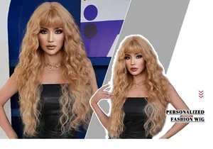 Detail of long wavy golden blonde wig with bangs and natural fiber texture for party fashion