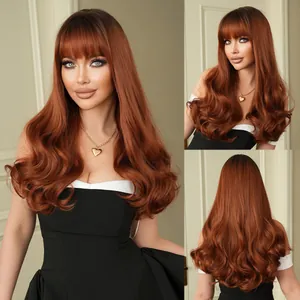 Women's Long Wavy Synthetic Wig With Blunt Bangs Heat Resistant Fiber Natural Looking Fluffy Wavy Hair For Daily Party Fashion Wear