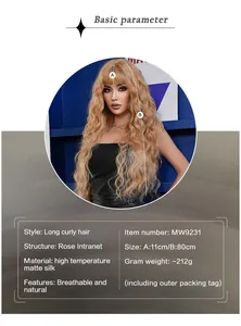 Detailed view of 80cm long golden curly wig with 11cm bangs and rose inner net structure