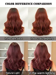 Color difference comparison of wavy wine red wig under different lighting conditions