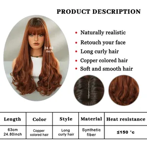Copper colored long wavy synthetic wig with bangs, 24.8 inch heat resistant hair for women